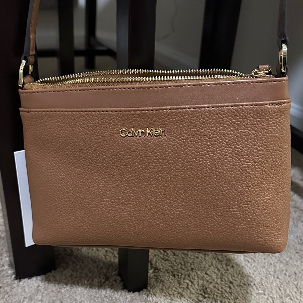 Calvin Klein Camel/Tan Pebbled Crossbody with Gold Hardware